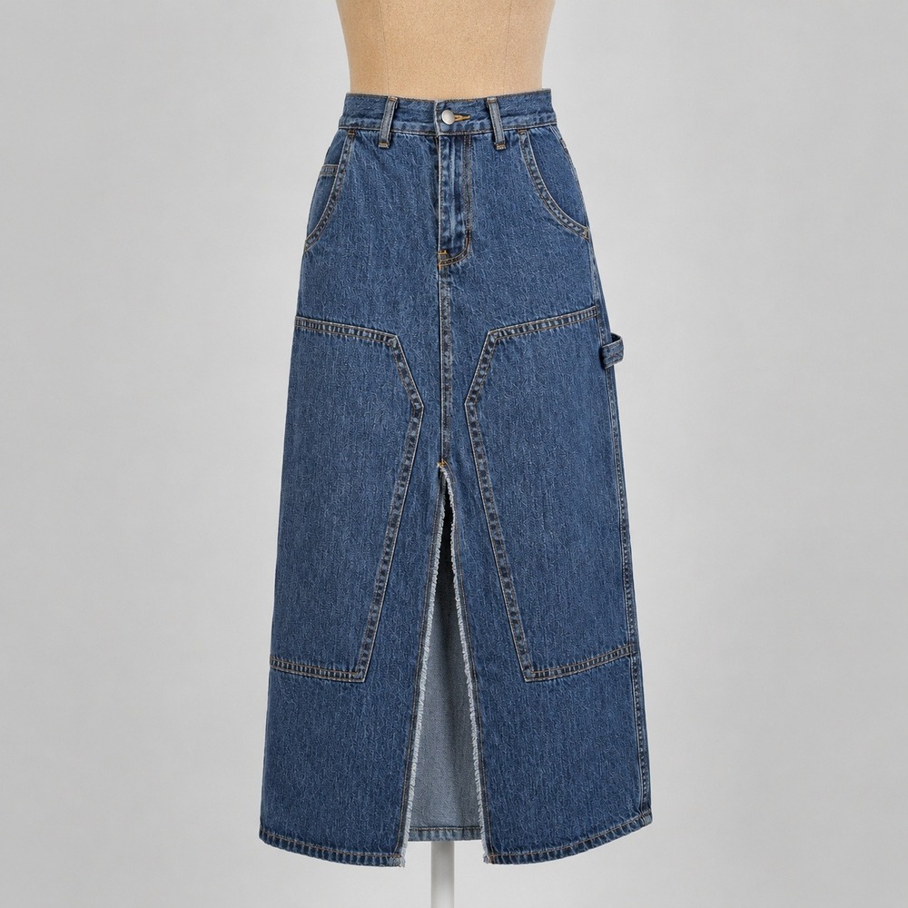Y2K Denim Pocket Utility Maxi Skirt Size S Blue Jean Cottagecore Western Boho